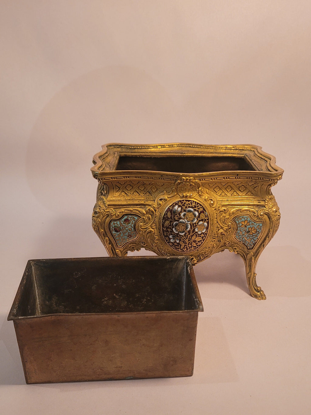 Antique French Ormolu Bronze Champleve Jardiniere, Victorian Planter