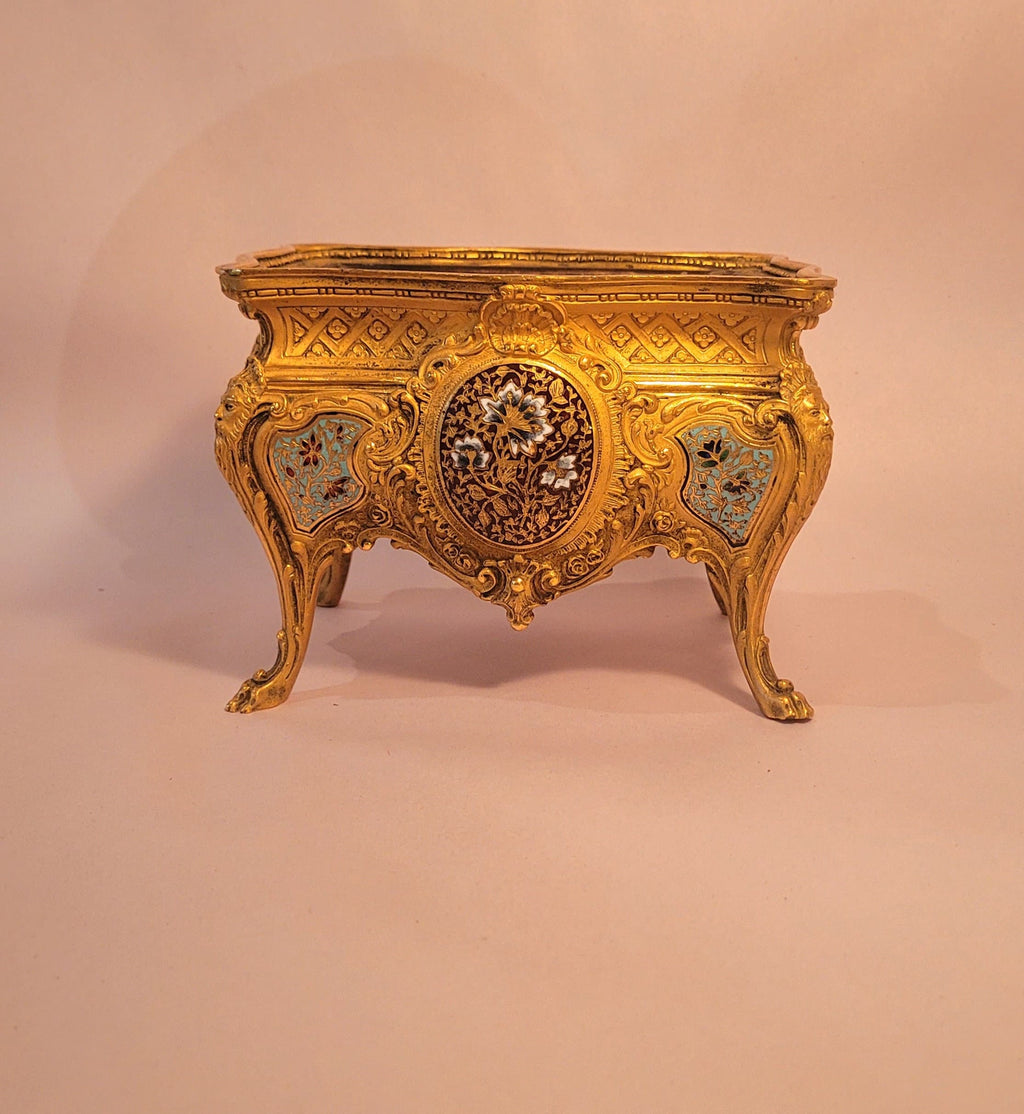 Antique French Ormolu Bronze Champleve Jardiniere, Victorian Planter