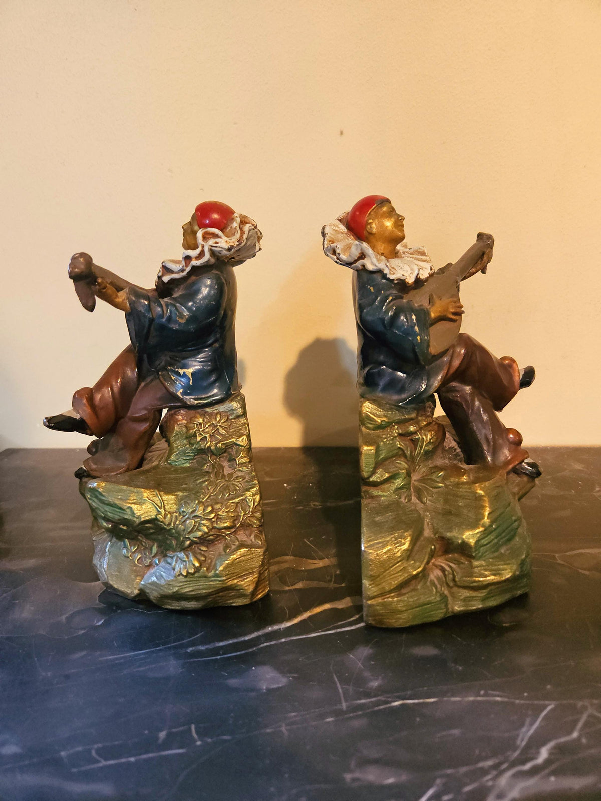 Antique Art Deco Kronheim and Oldenbusch Pierrot Bookends playing Mandolin
