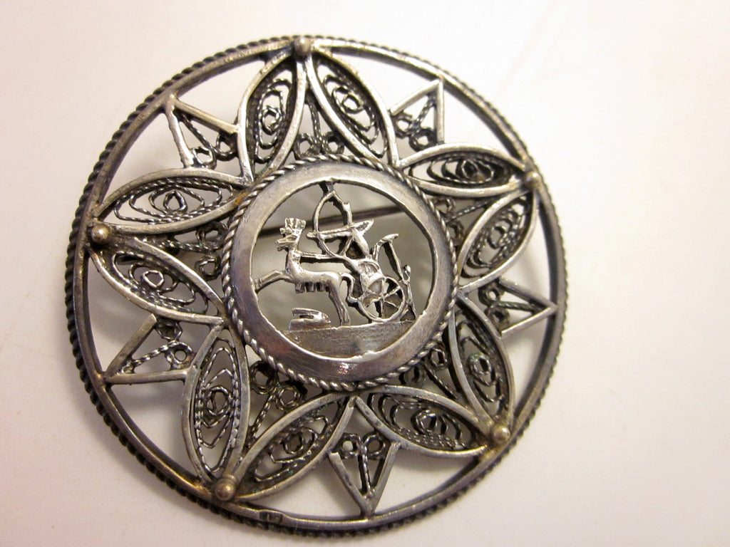 Vintage Art Deco Sterling Silver Brooch: Egyptian Revival Pharaoh, Wirework Lotus