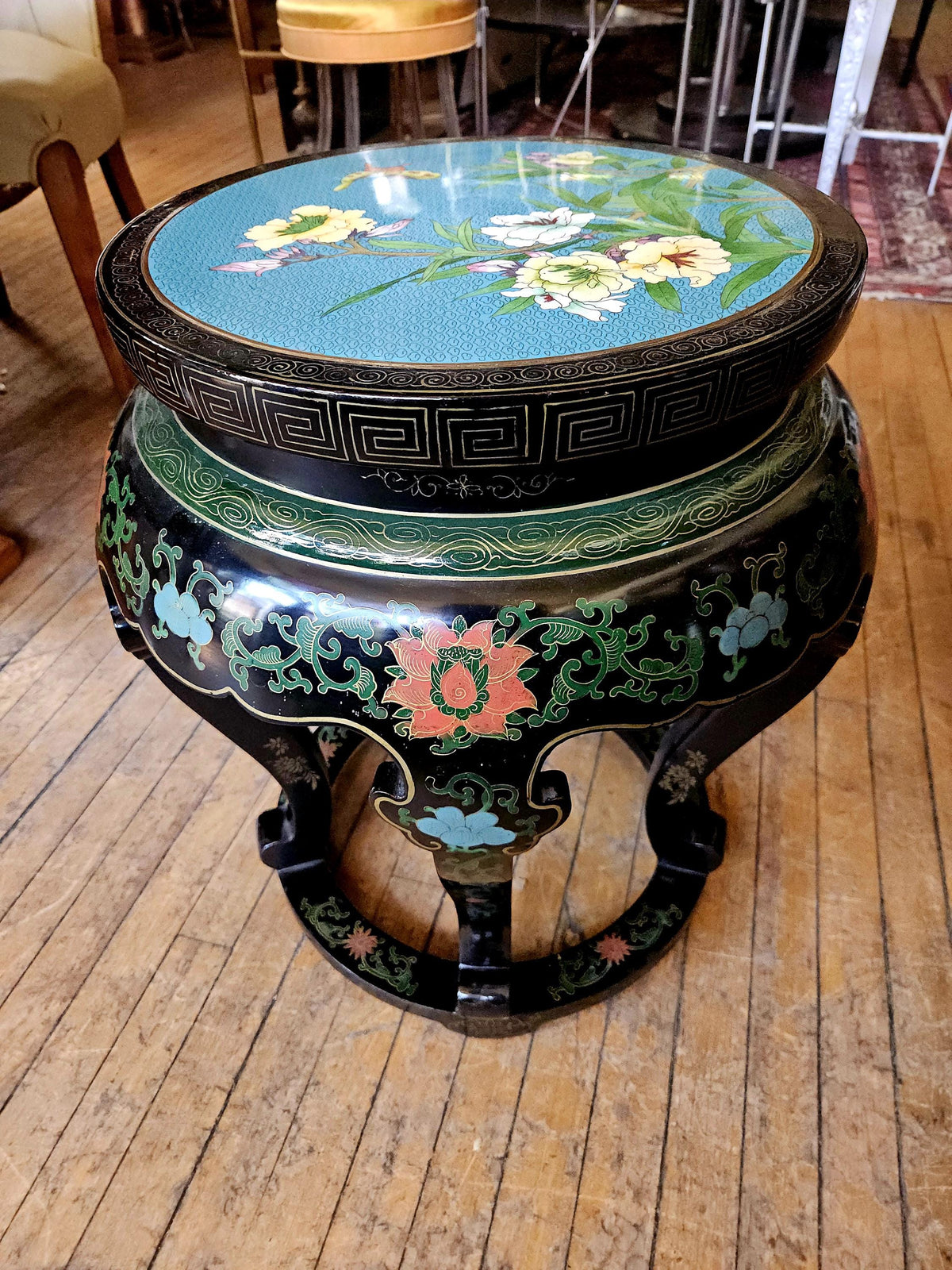 Asian Chinoiserie Black Lacquer Cloisonne Garden Stool or Side Table