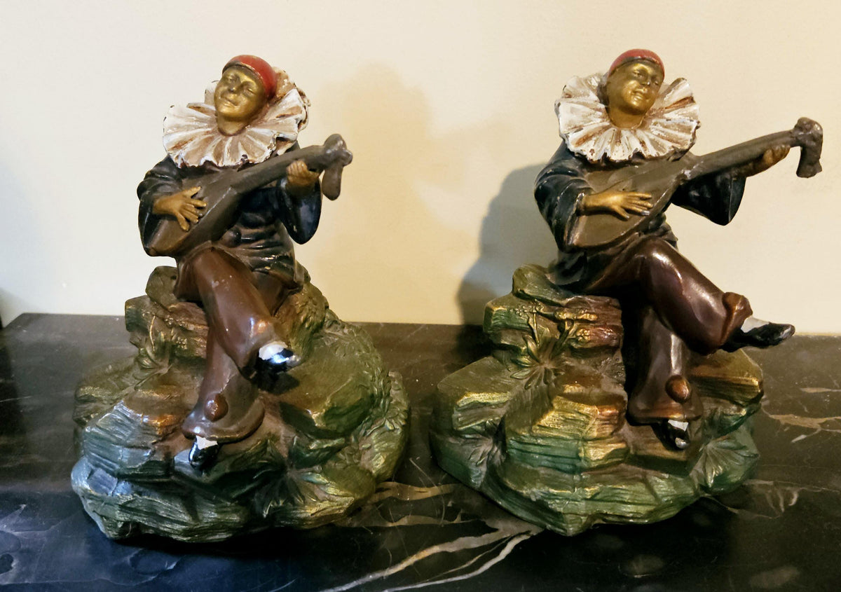 Antique Art Deco Kronheim and Oldenbusch Pierrot Bookends playing Mandolin