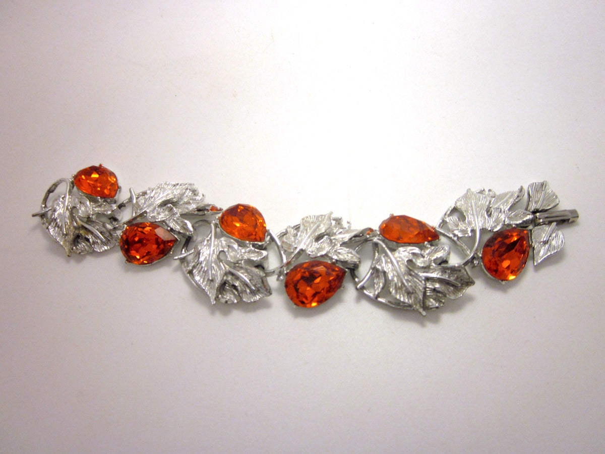 Vintage 1960s Rhinestone Bracelet: Orange Teardrop, Fall Leaf Panels