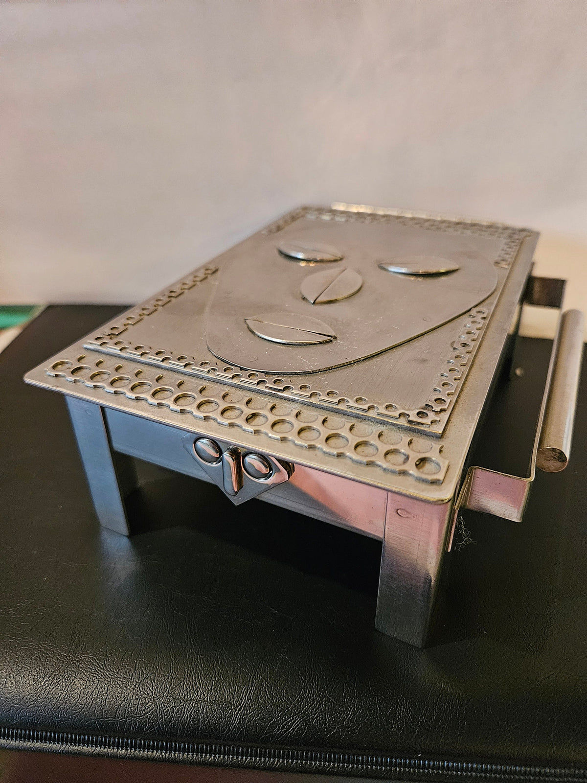 Vintage Stanley Szwarc Ooak Stainless Steel outsider Art box. Mask design