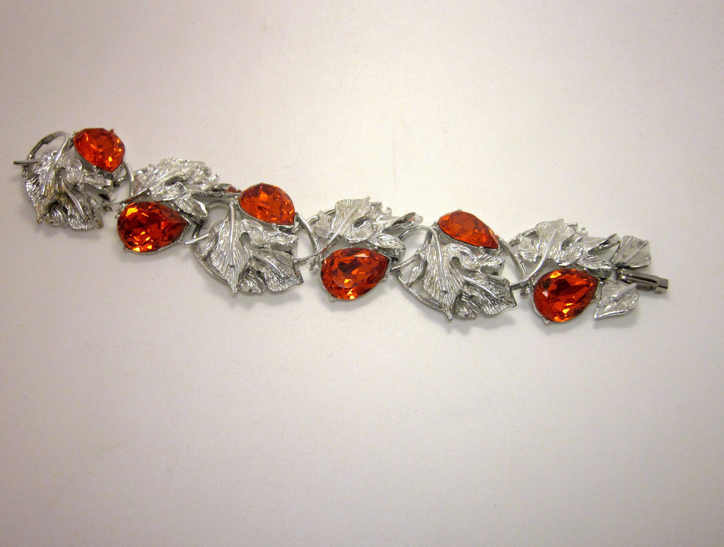 Vintage 1960s Rhinestone Bracelet: Orange Teardrop, Fall Leaf Panels