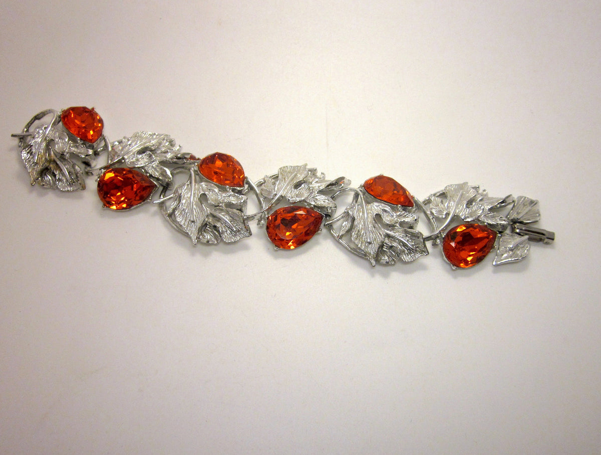 Vintage 1960s Rhinestone Bracelet: Orange Teardrop, Fall Leaf Panels