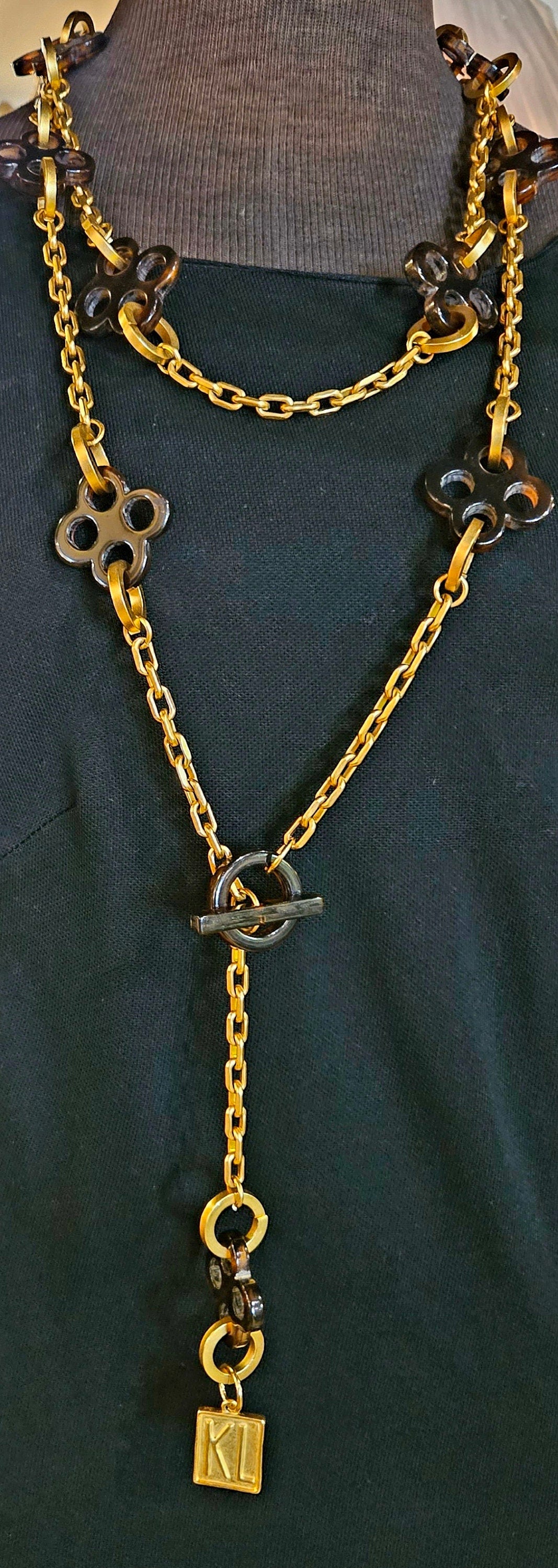 Vintage Karl Lagerfeld Paris Faux Tortoiseshell Charm Chain Necklace or Belt