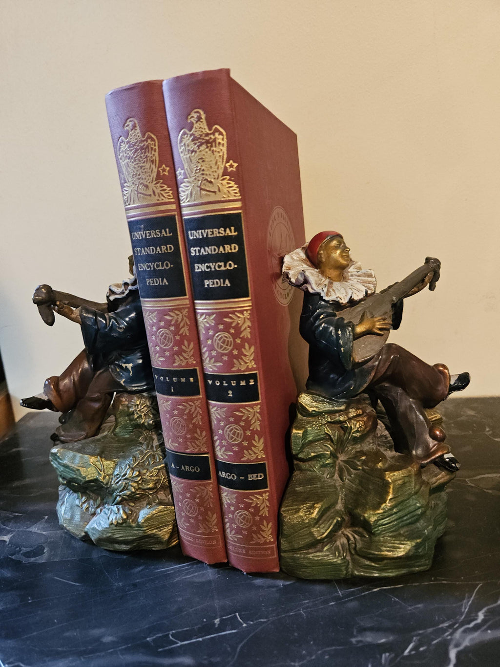 Antique Art Deco Kronheim and Oldenbusch Pierrot Bookends playing Mandolin