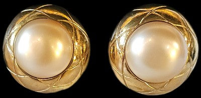 Authentic CHANEL Vintage Faux Pearl QUILTED Gold Plate Earrings SPRING 1993