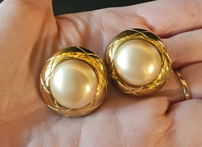 Authentic CHANEL Vintage Faux Pearl QUILTED Gold Plate Earrings SPRING 1993