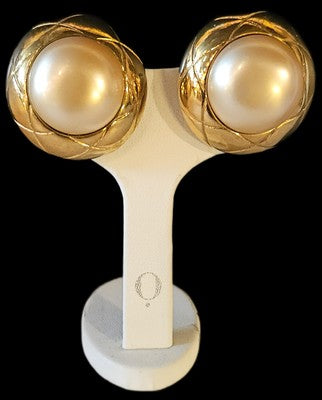 Authentic CHANEL Vintage Faux Pearl QUILTED Gold Plate Earrings SPRING 1993