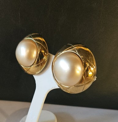 Authentic CHANEL Vintage Faux Pearl QUILTED Gold Plate Earrings SPRING 1993