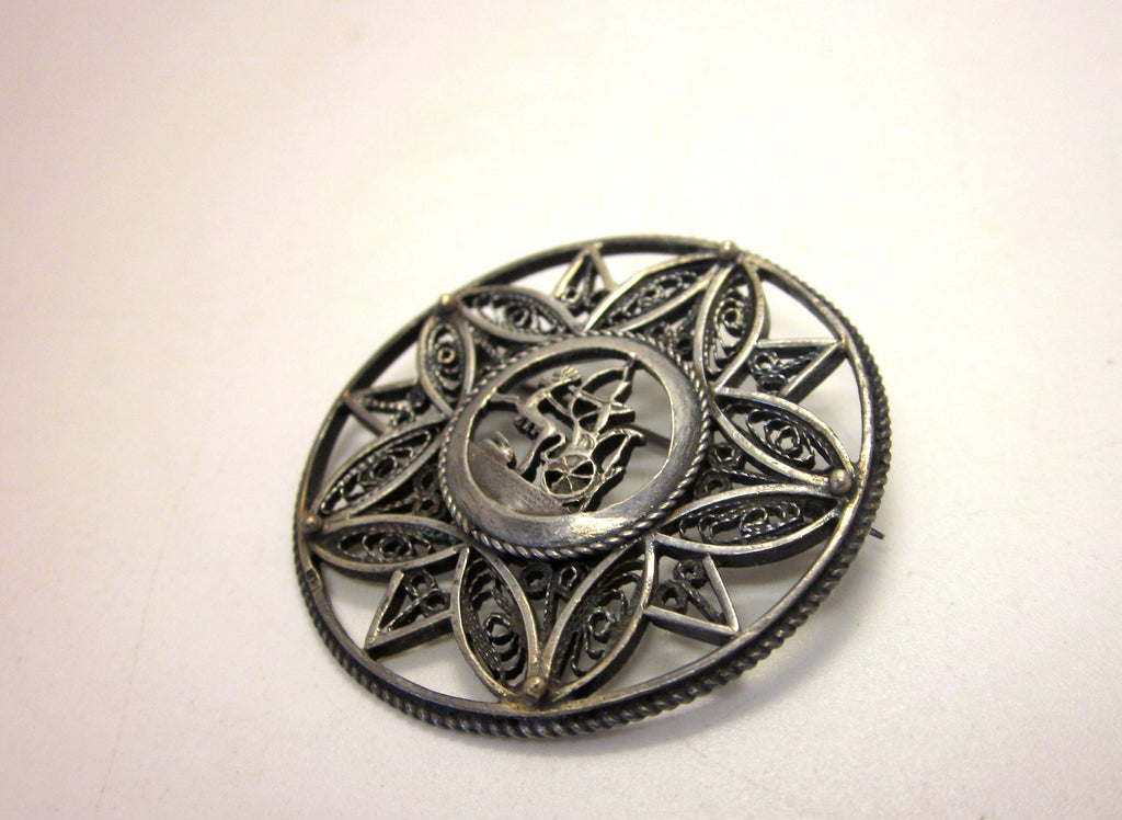 Vintage Art Deco Sterling Silver Brooch: Egyptian Revival Pharaoh, Wirework Lotus