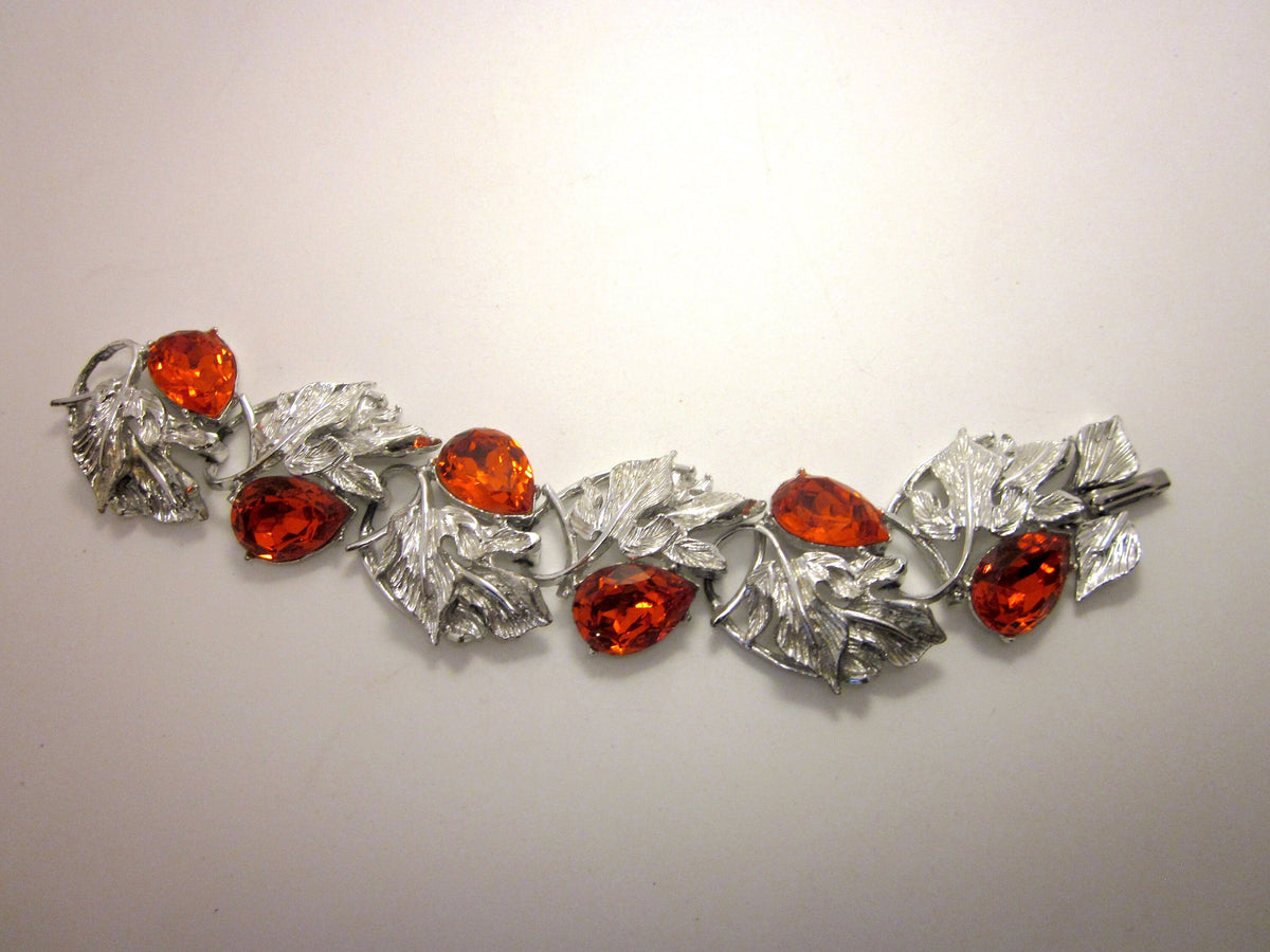 Vintage 1960s Rhinestone Bracelet: Orange Teardrop, Fall Leaf Panels