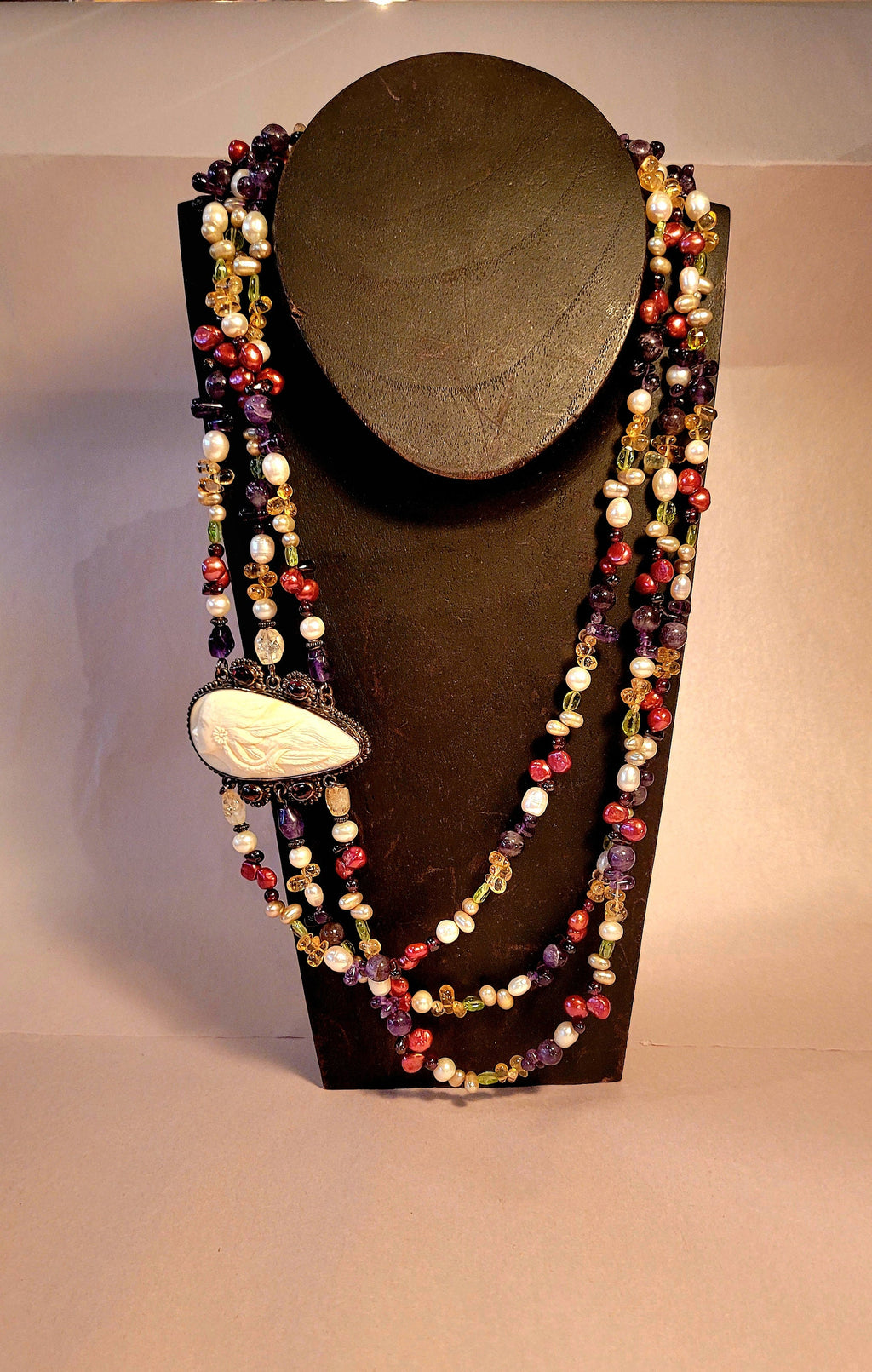 Sajen Goddess Cameo triple strand Necklace, garnet, amethyst, pearls, peridot