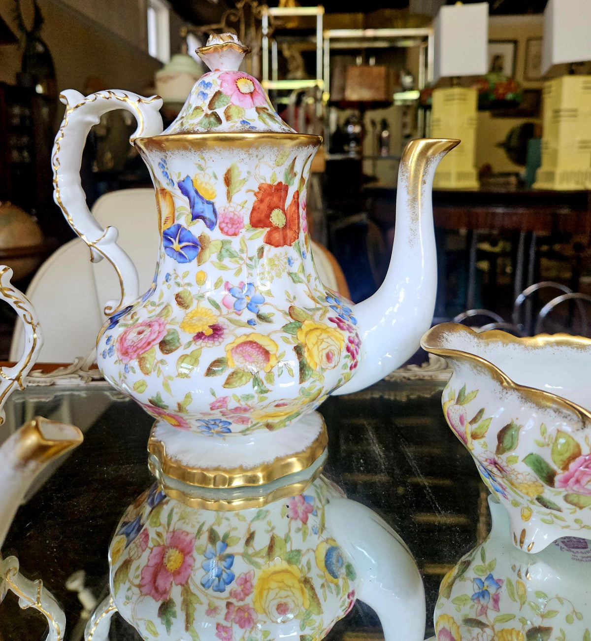 Vintage Hammersby Queen Anne Chintz Tea Set. Single tea pot, coffee/ tall tea, creamer and sugar