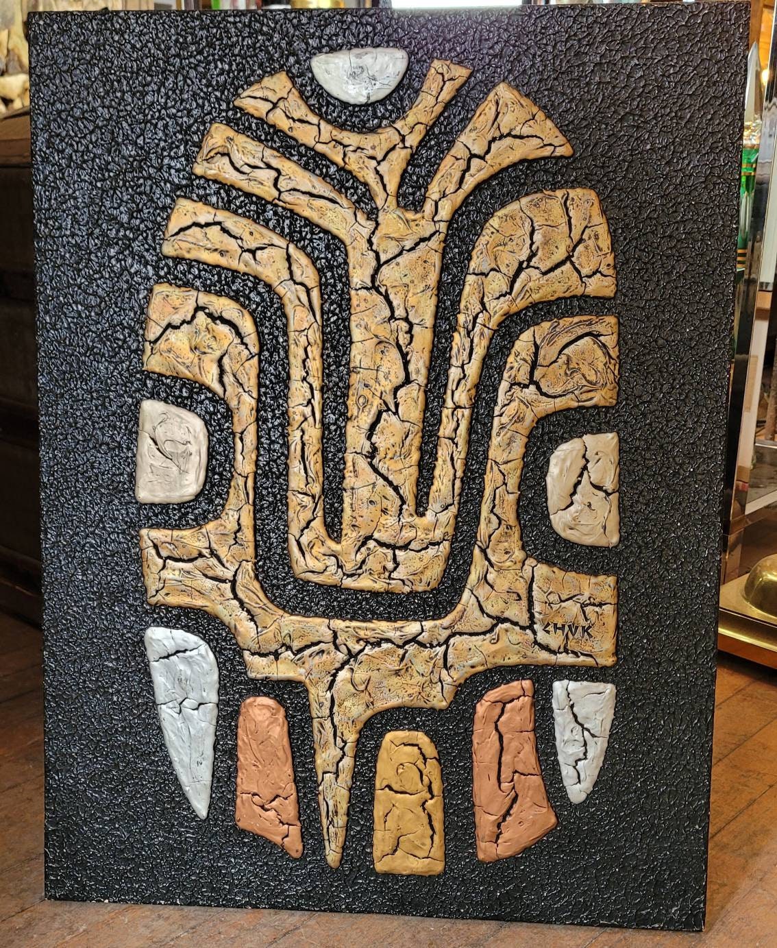 1970s Chuk Morris Mixed Media  on Board. After an Ancient Mexican Ritual Mask mcm art