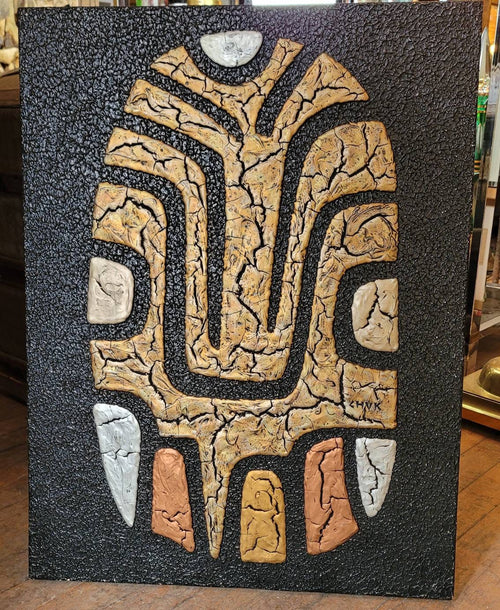 1970s Chuk Morris Mixed Media  on Board. After an Ancient Mexican Ritual Mask mcm art