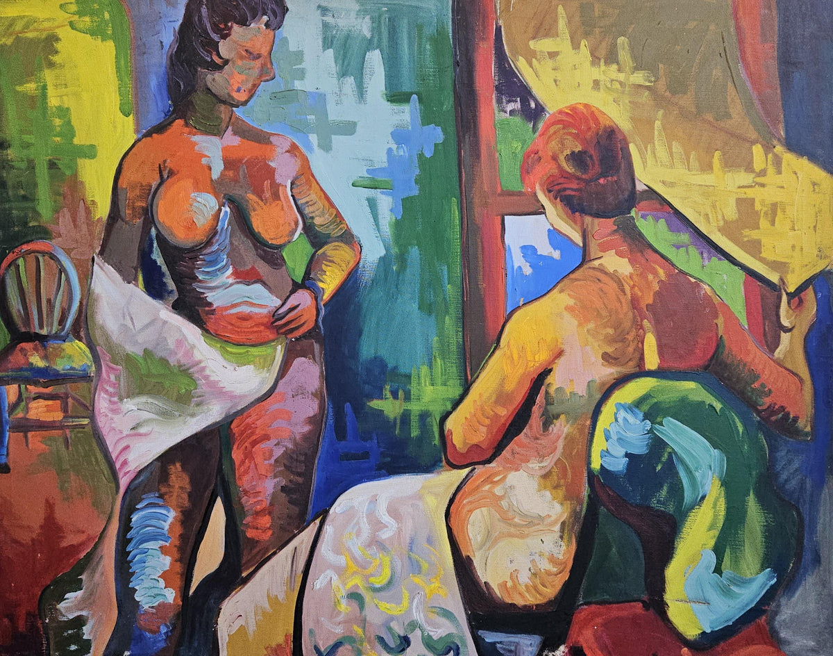 Vintage Mid Century Modern Oil on Canvas Nude Painting two women