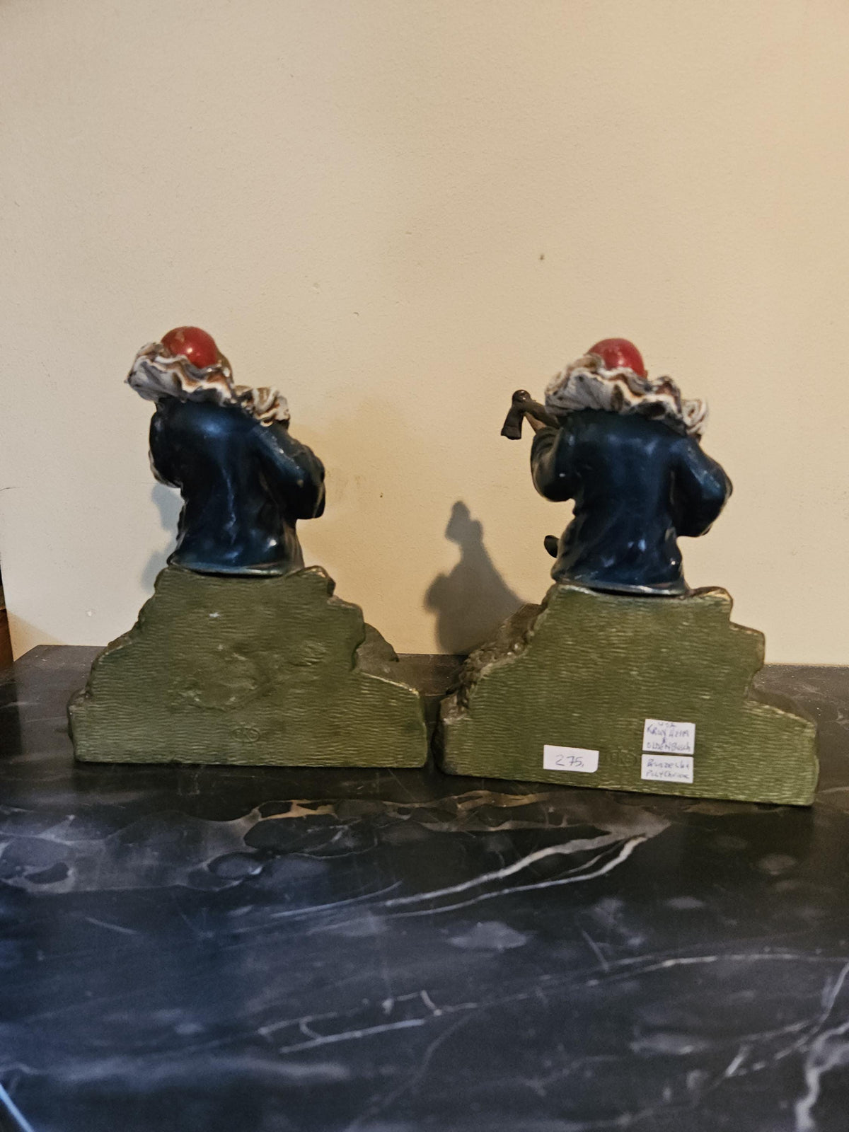 Antique Art Deco Kronheim and Oldenbusch Pierrot Bookends playing Mandolin