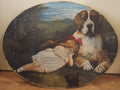 Antique Folk Art Painting, St. Bernard Protector, Sleeping Girl and Cat