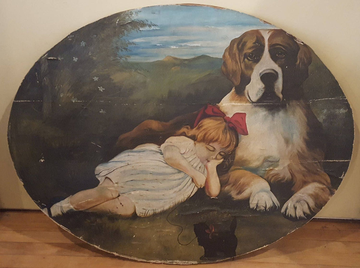 Antique Folk Art Painting, St. Bernard Protector, Sleeping Girl and Cat