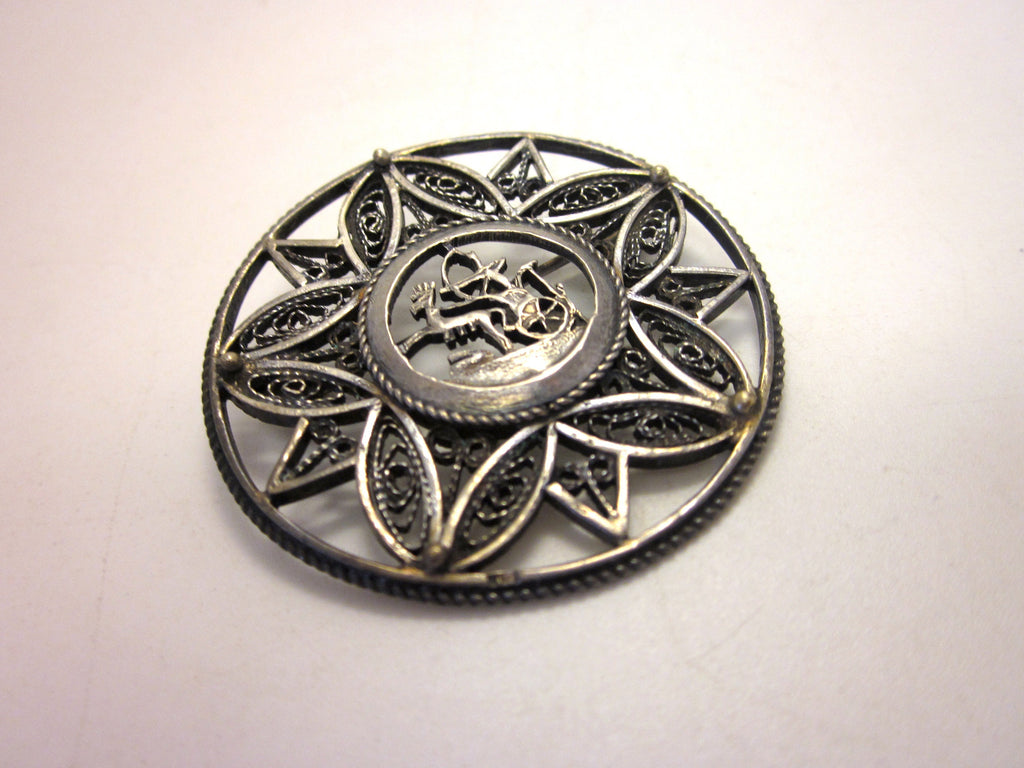 Vintage Art Deco Sterling Silver Brooch: Egyptian Revival Pharaoh, Wirework Lotus