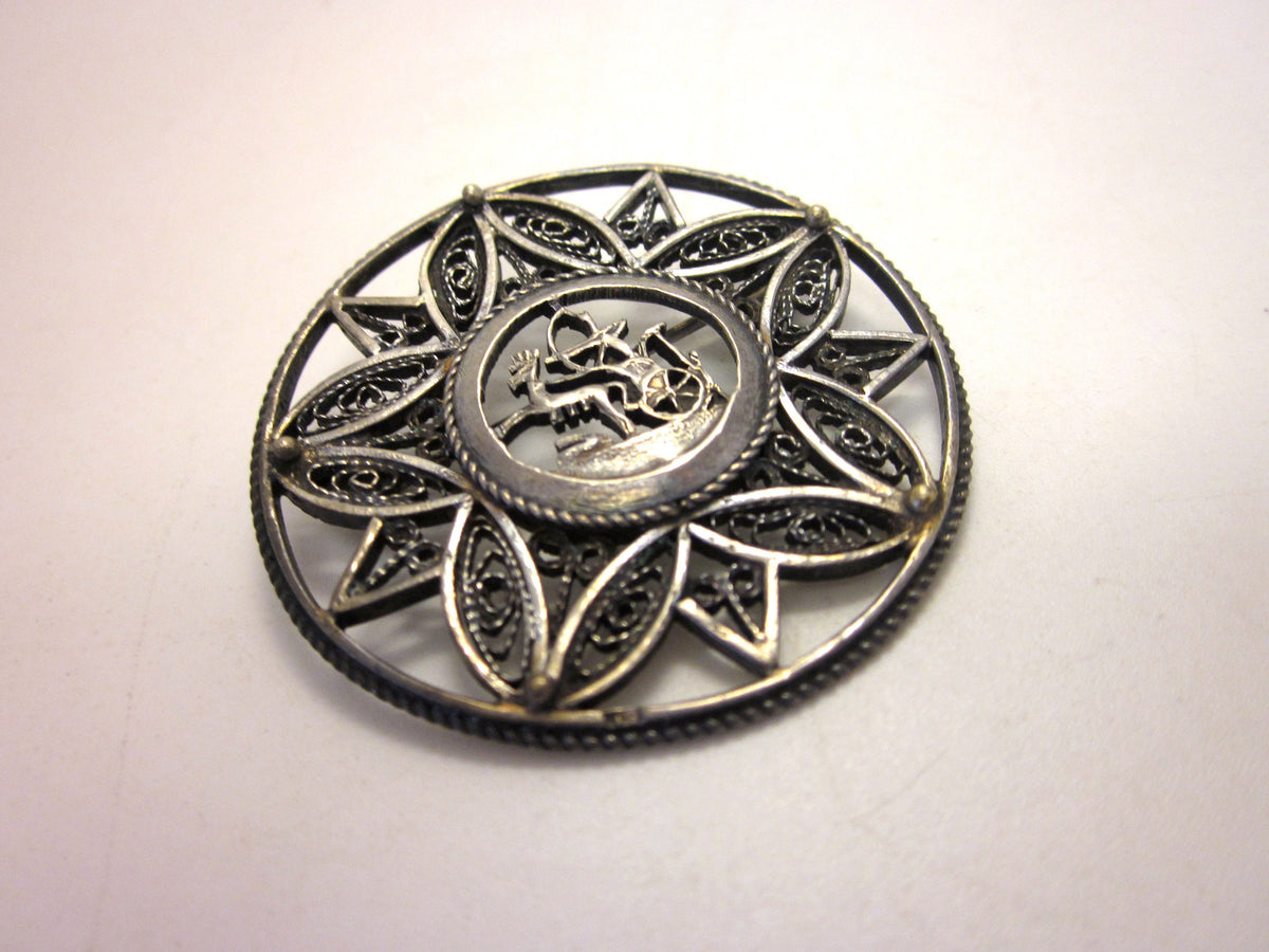 Vintage Art Deco Sterling Silver Brooch: Egyptian Revival Pharaoh, Wirework Lotus