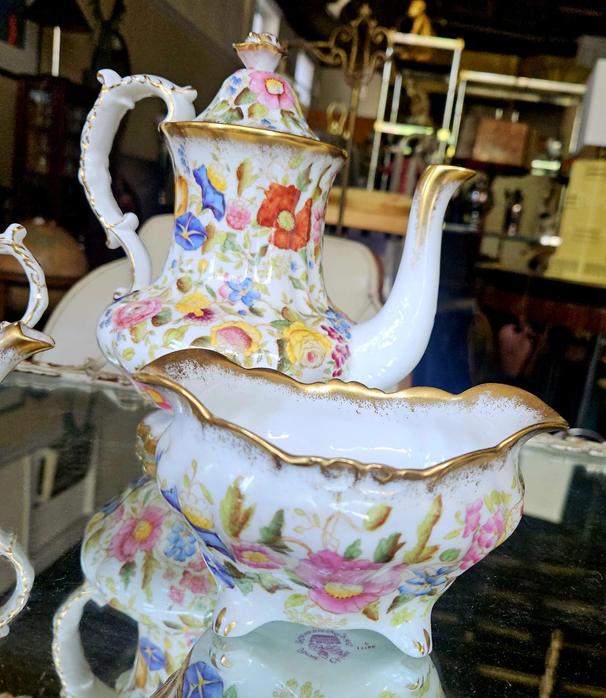 Vintage Hammersby Queen Anne Chintz Tea Set. Single tea pot, coffee/ tall tea, creamer and sugar