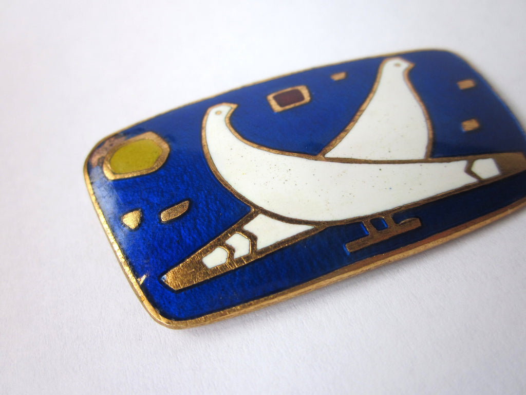 Antique Enamel Brooch, Vienna Secession Style Dove Pin, c.1910s