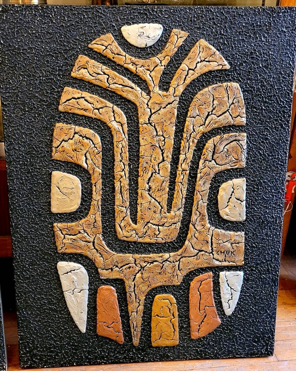 1970s Chuk Morris Mixed Media  on Board. After an Ancient Mexican Ritual Mask mcm art