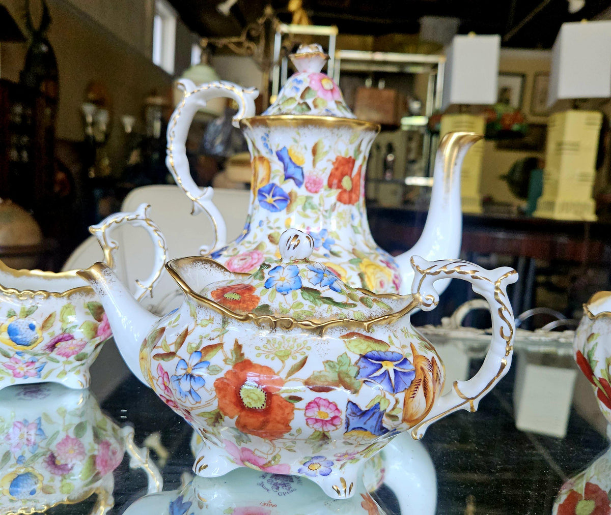 Vintage Hammersby Queen Anne Chintz Tea Set. Single tea pot, coffee/ tall tea, creamer and sugar