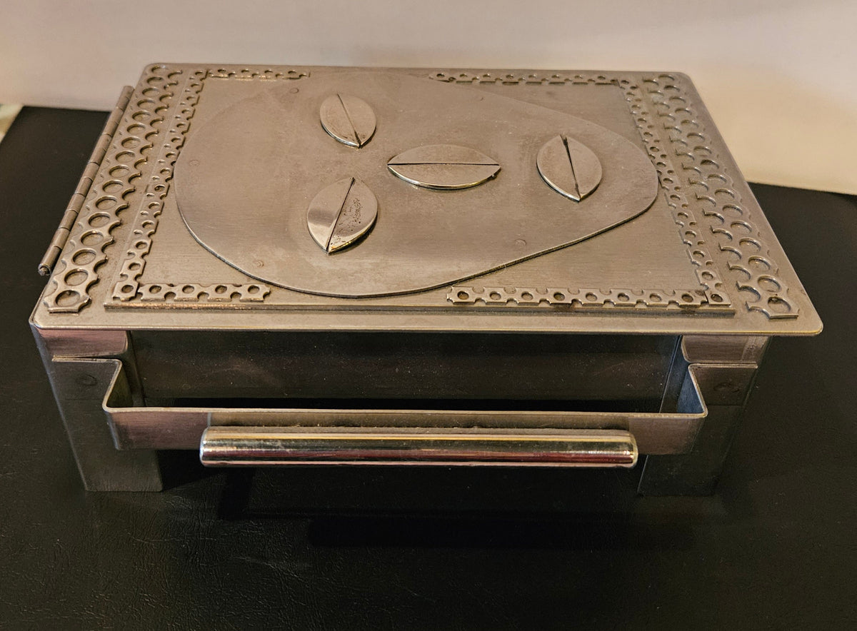 Vintage Stanley Szwarc Ooak Stainless Steel outsider Art box. Mask design