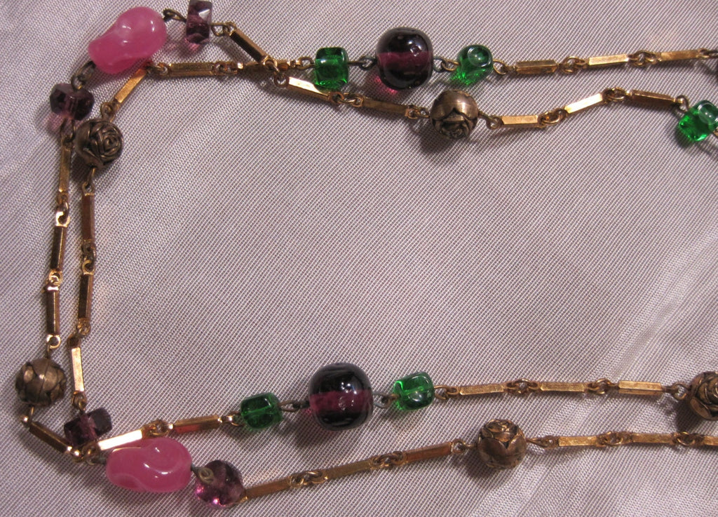 Molded Art glass necklace with Bronze Rosettes and Brass Links