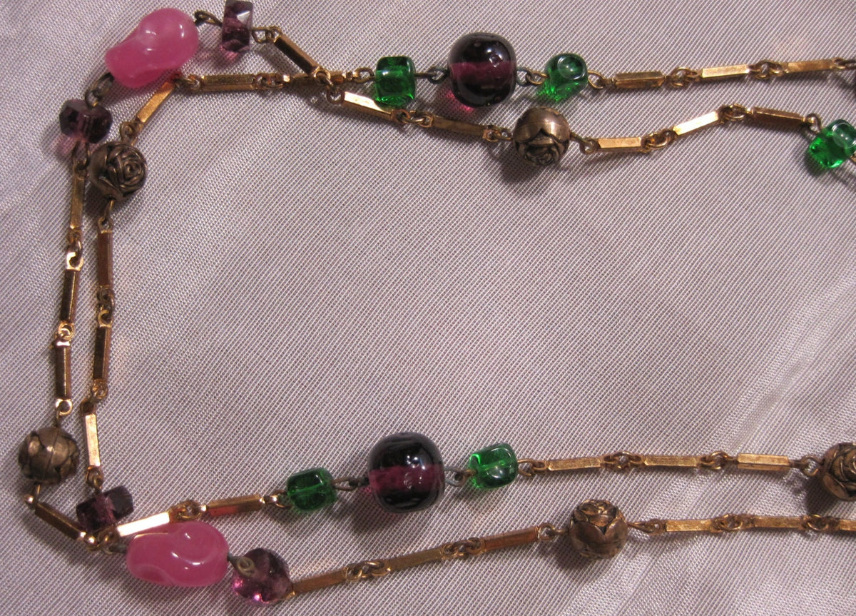 Molded Art glass necklace with Bronze Rosettes and Brass Links