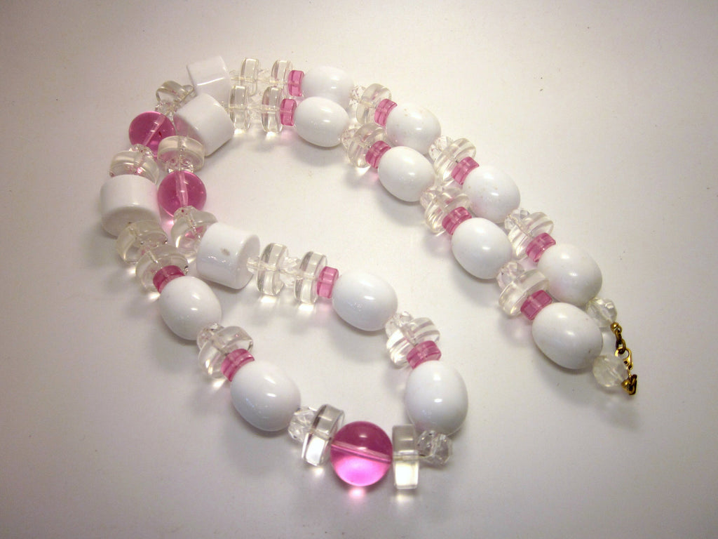 Vintage Monet Necklace, 1980s Pink Lucite Geometric Beaded Rope