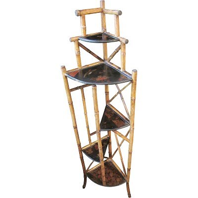 Antique Art Nouveau Bamboo Corner Etagere, Chinoiserie Shelf