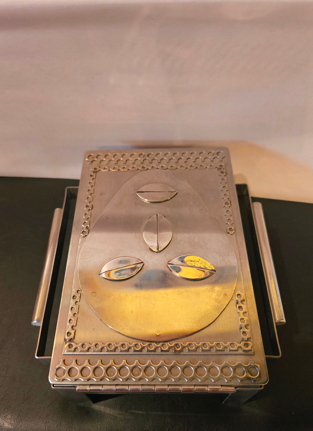 Vintage Stanley Szwarc Ooak Stainless Steel outsider Art box. Mask design