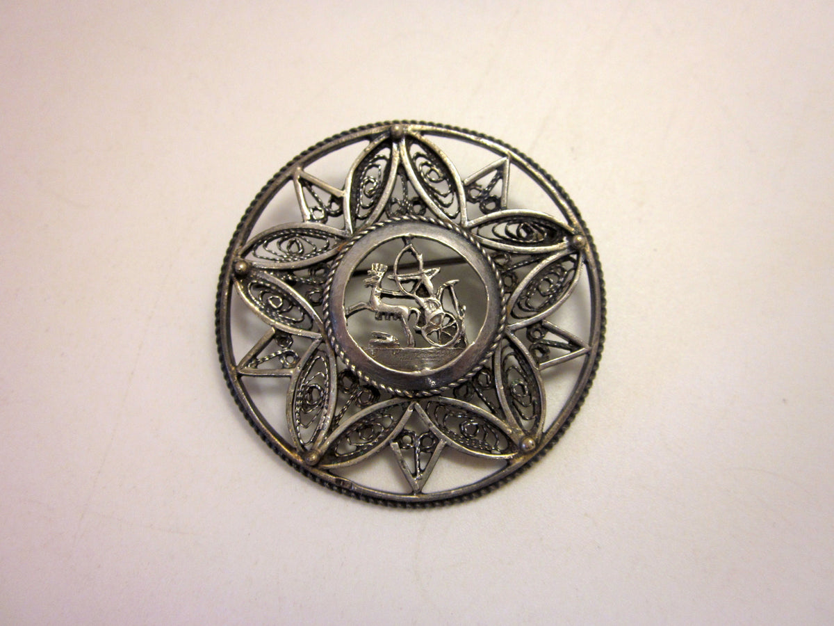 Vintage Art Deco Sterling Silver Brooch: Egyptian Revival Pharaoh, Wirework Lotus