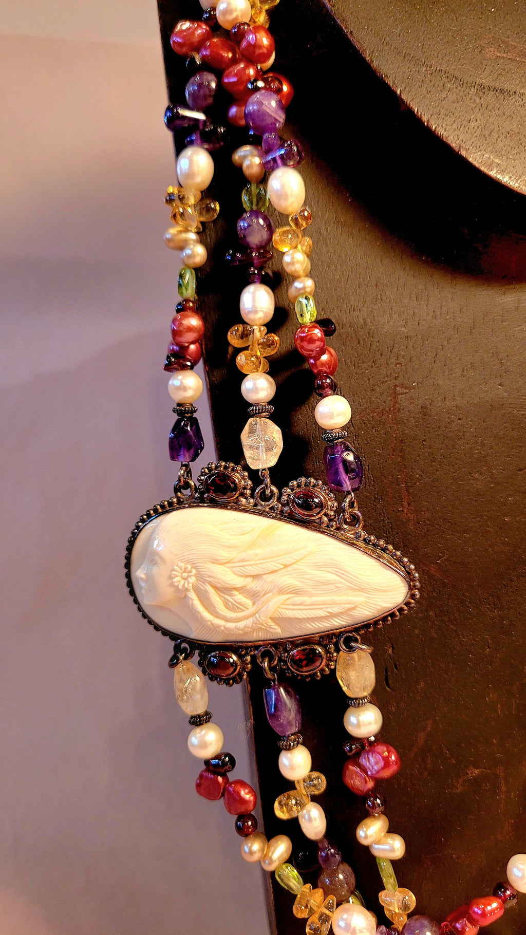 Sajen Goddess Cameo triple strand Necklace, garnet, amethyst, pearls, peridot