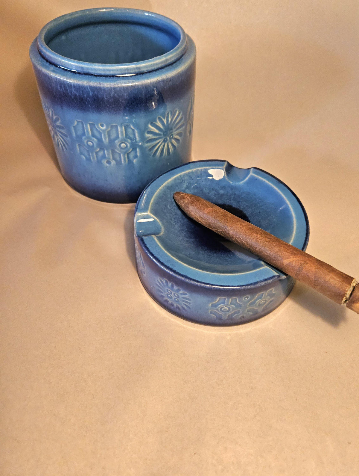 Mid Century Danish Modern Humidor Ashtray Turquoise Pottery Stash Box