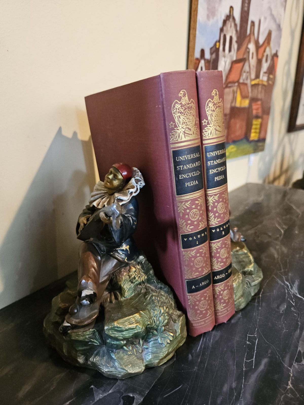Antique Art Deco Kronheim and Oldenbusch Pierrot Bookends playing Mandolin