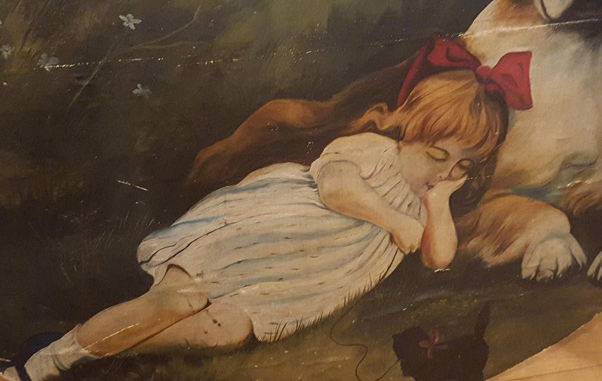 Antique Folk Art Painting, St. Bernard Protector, Sleeping Girl and Cat