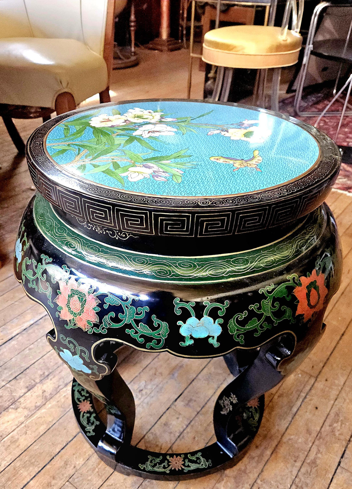 Asian Chinoiserie Black Lacquer Cloisonne Garden Stool or Side Table