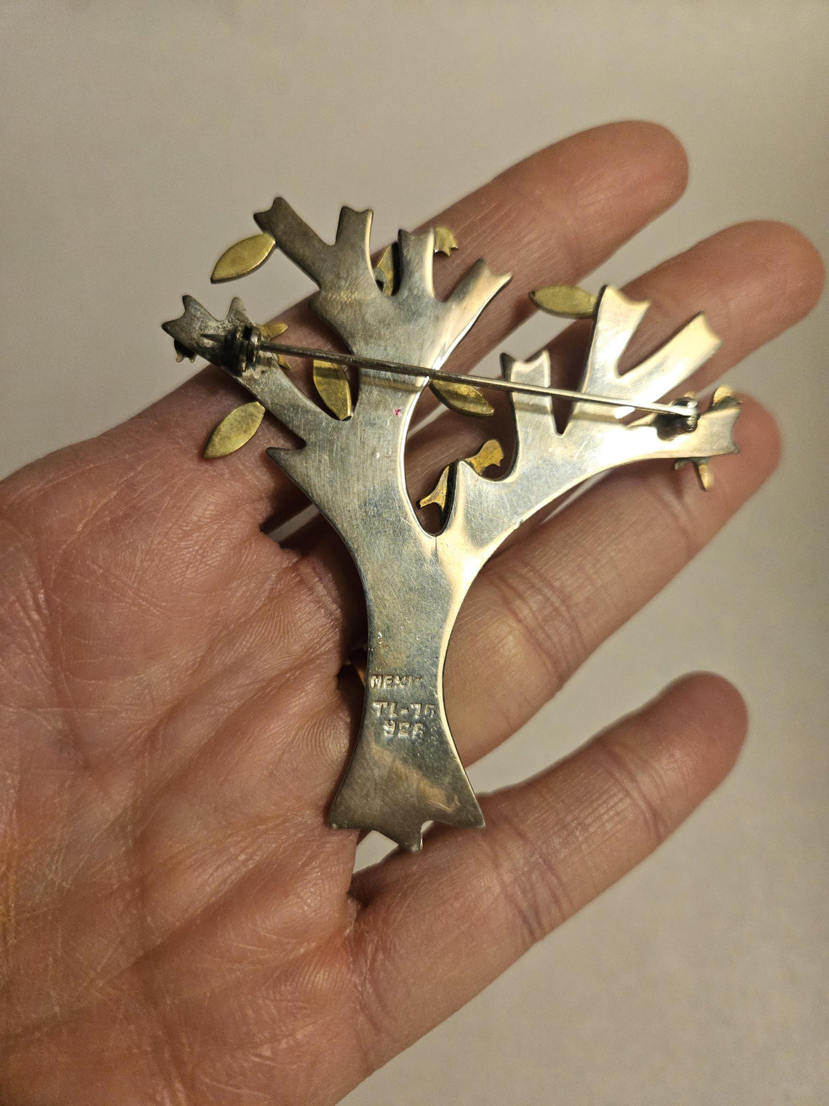 Vintage Taxco Mexican Sterling and brass Brooch Tree with Birds