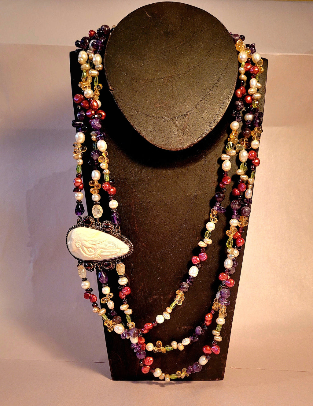 Sajen Goddess Cameo triple strand Necklace, garnet, amethyst, pearls, peridot