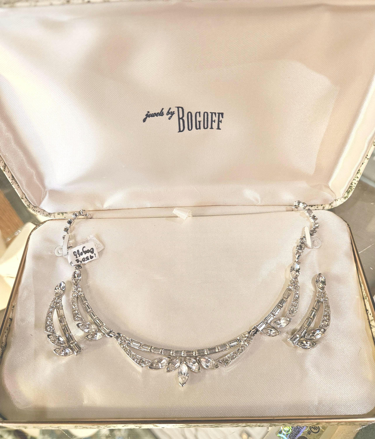 Vintage Bogoff Rhinestone Necklace Earring Set demi-parure on original Bogoff box