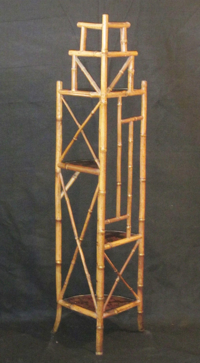 Antique Art Nouveau Bamboo Corner Etagere, Chinoiserie Shelf