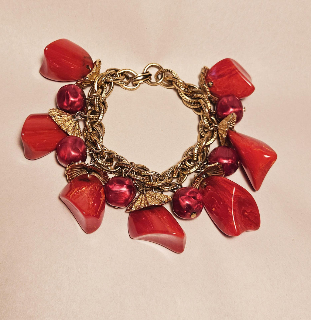 Vintage  Cherry Marbled Bakelite chunky cha cha Charm Bracelet
