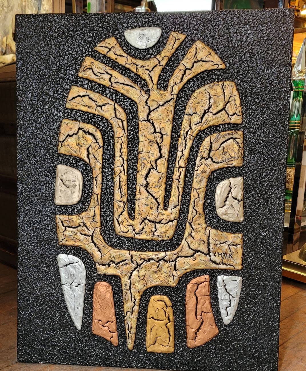 1970s Chuk Morris Mixed Media  on Board. After an Ancient Mexican Ritual Mask mcm art